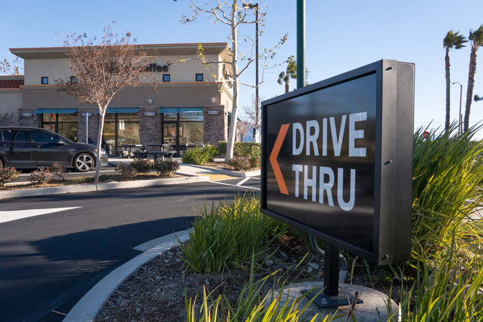 drive-thru sign at Klatch Coffee Fontana location