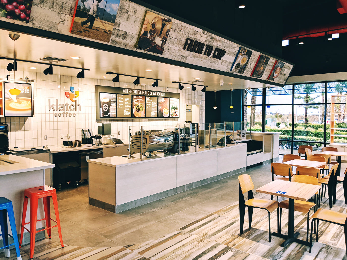 Interior of Klatch Coffee's Fontana, CA location with drive-thru