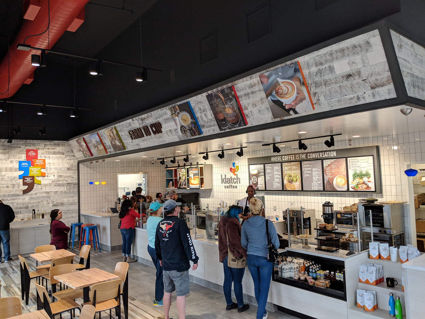 Interior of Klatch Coffee's Fontana, CA location with drive-thru