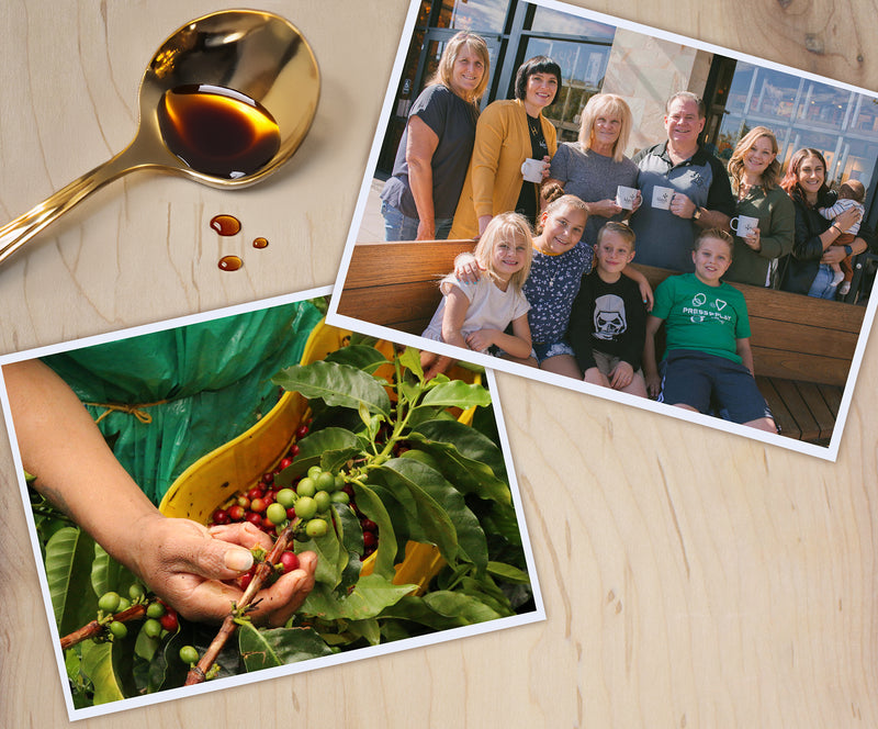 Photo collage of the Perry Family, a coffee plant and a gold cupping spoon.